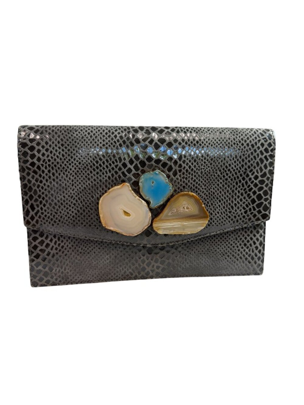 Lindsay Perry Faux Leather Gray Snakeskin embossed Clutch with Real Agates